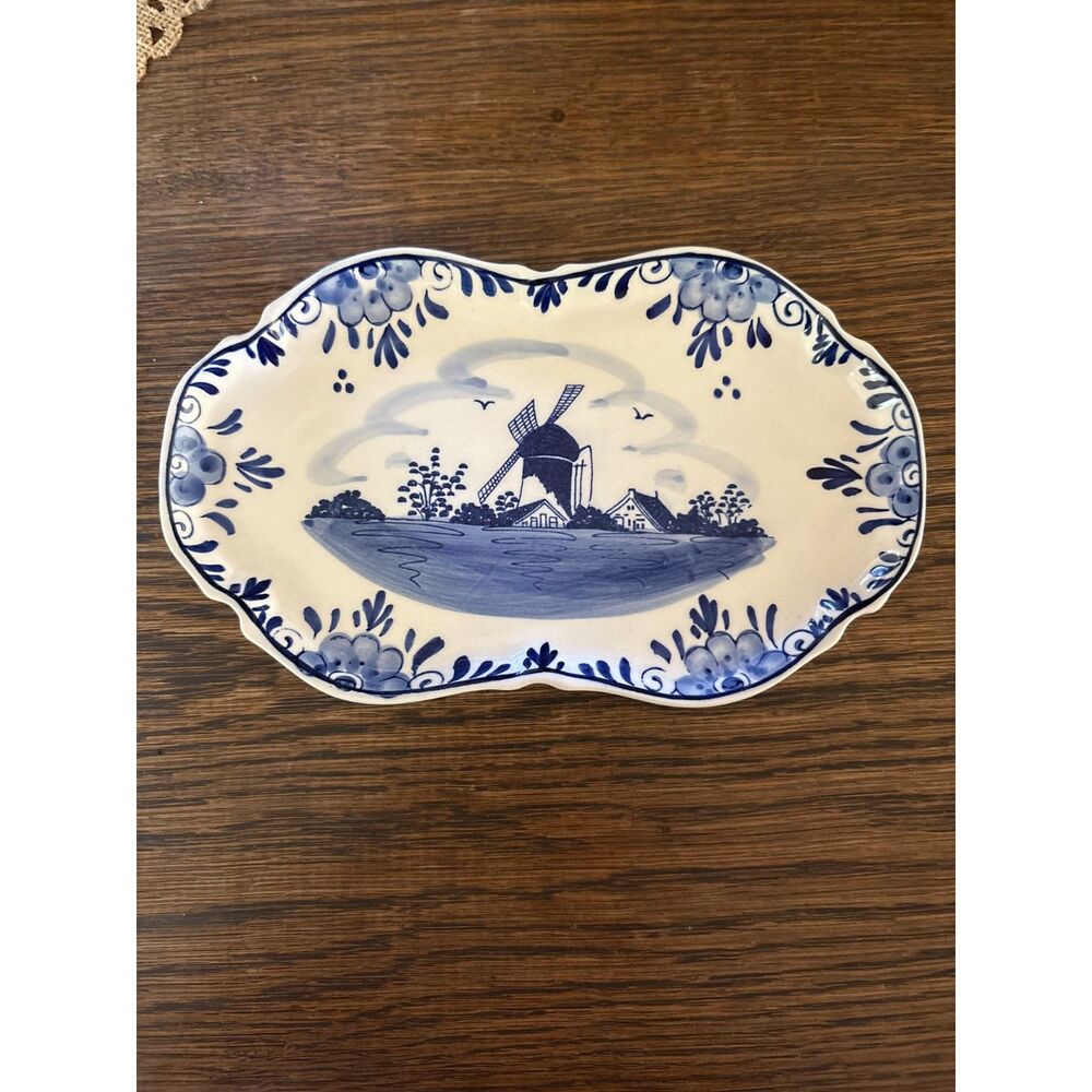 Delft Blue Ceramic Tray 8"x5" Hand Painted Windmill
